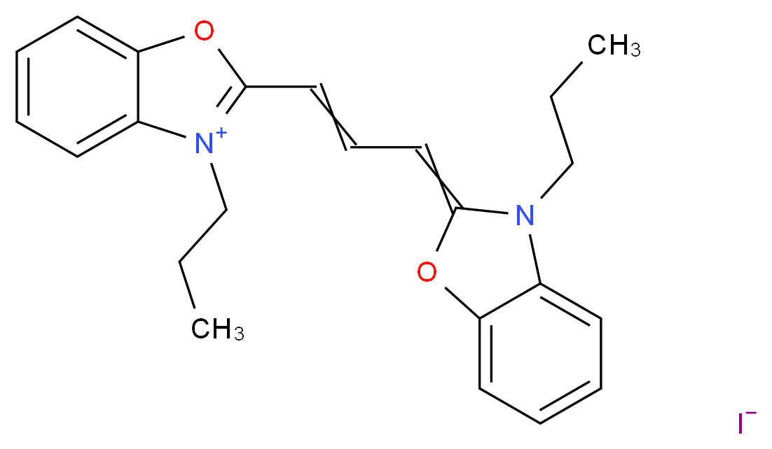 3-propyl-2-[3-(3-propyl-2,3-dihydro-1,3-benzoxazol-2-ylidene)prop-1-en-1-yl]-1,3-benzoxazol-3-ium iodide_分子结构_CAS_53213-79-9