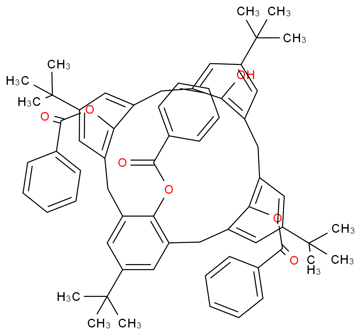 27,28-bis(benzoyloxy)-5,11,17,23-tetra-tert-butyl-26-hydroxypentacyclo[19.3.1.1<sup>3</sup>,<sup>7</sup>.1<sup>9</sup>,<sup>1</sup><sup>3</sup>.1<sup>1</sup><sup>5</sup>,<sup>1</sup><sup>9</sup>]octacosa-1(25),3,5,7(28),9,11,13(27),15(26),16,18,21,23-dodecaen-25-yl benzoate_分子结构_CAS_135549-06-3