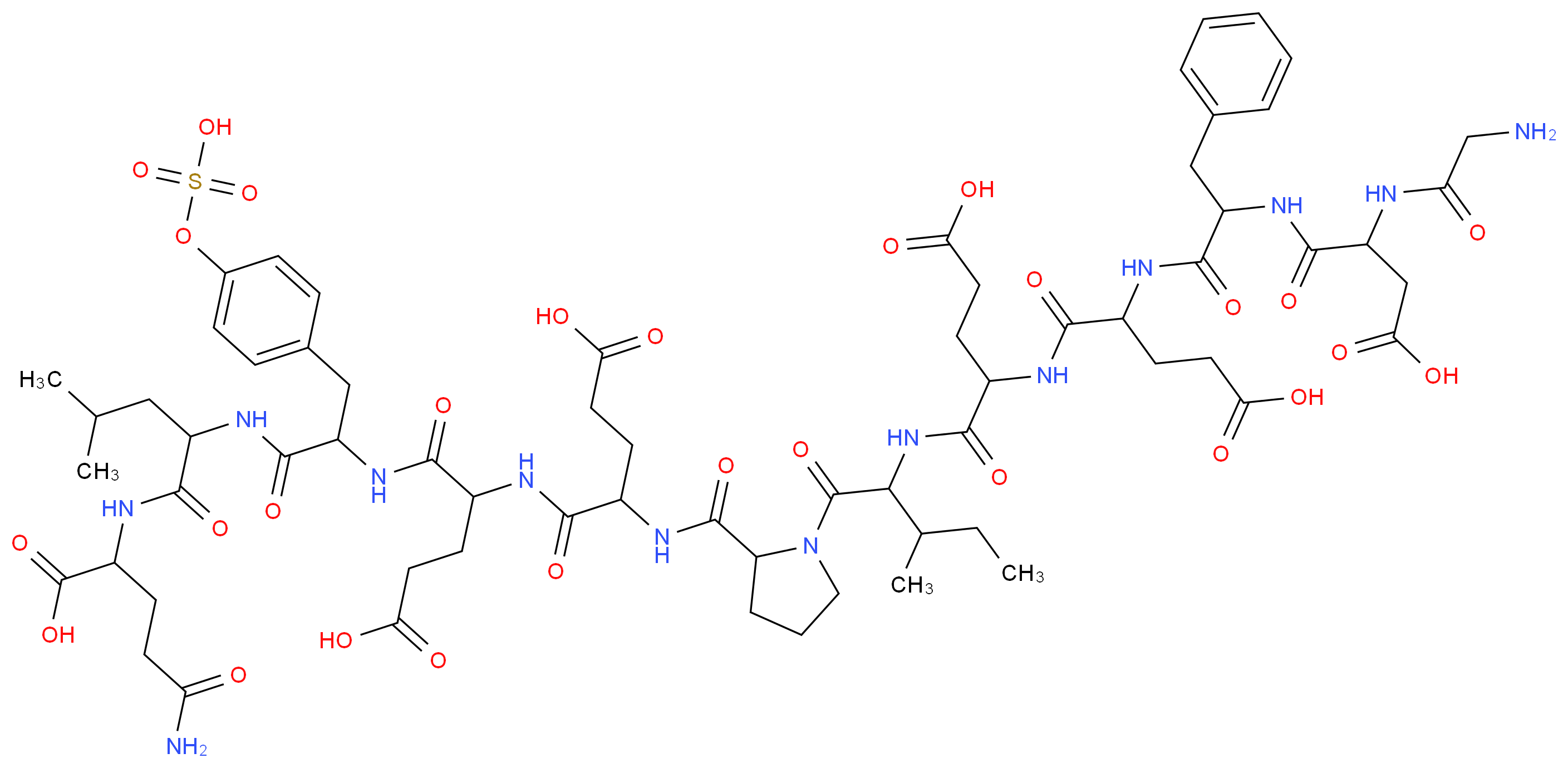 4-{2-[2-(2-aminoacetamido)-3-carboxypropanamido]-3-phenylpropanamido}-4-{[1-({1-[2-({1-[(1-{[1-({1-[(3-carbamoyl-1-carboxypropyl)carbamoyl]-3-methylbutyl}carbamoyl)-2-[4-(sulfooxy)phenyl]ethyl]carbamoyl}-3-carboxypropyl)carbamoyl]-3-carboxypropyl}carbamoyl)pyrrolidin-1-yl]-3-methyl-1-oxopentan-2-yl}carbamoyl)-3-carboxypropyl]carbamoyl}butanoic acid_分子结构_CAS_109528-49-6