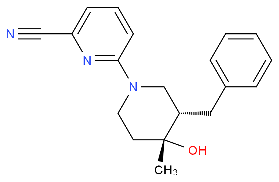 6-[(3S*,4R*)-3-benzyl-4-hydroxy-4-methylpiperidin-1-yl]pyridine-2-carbonitrile_分子结构_CAS_)