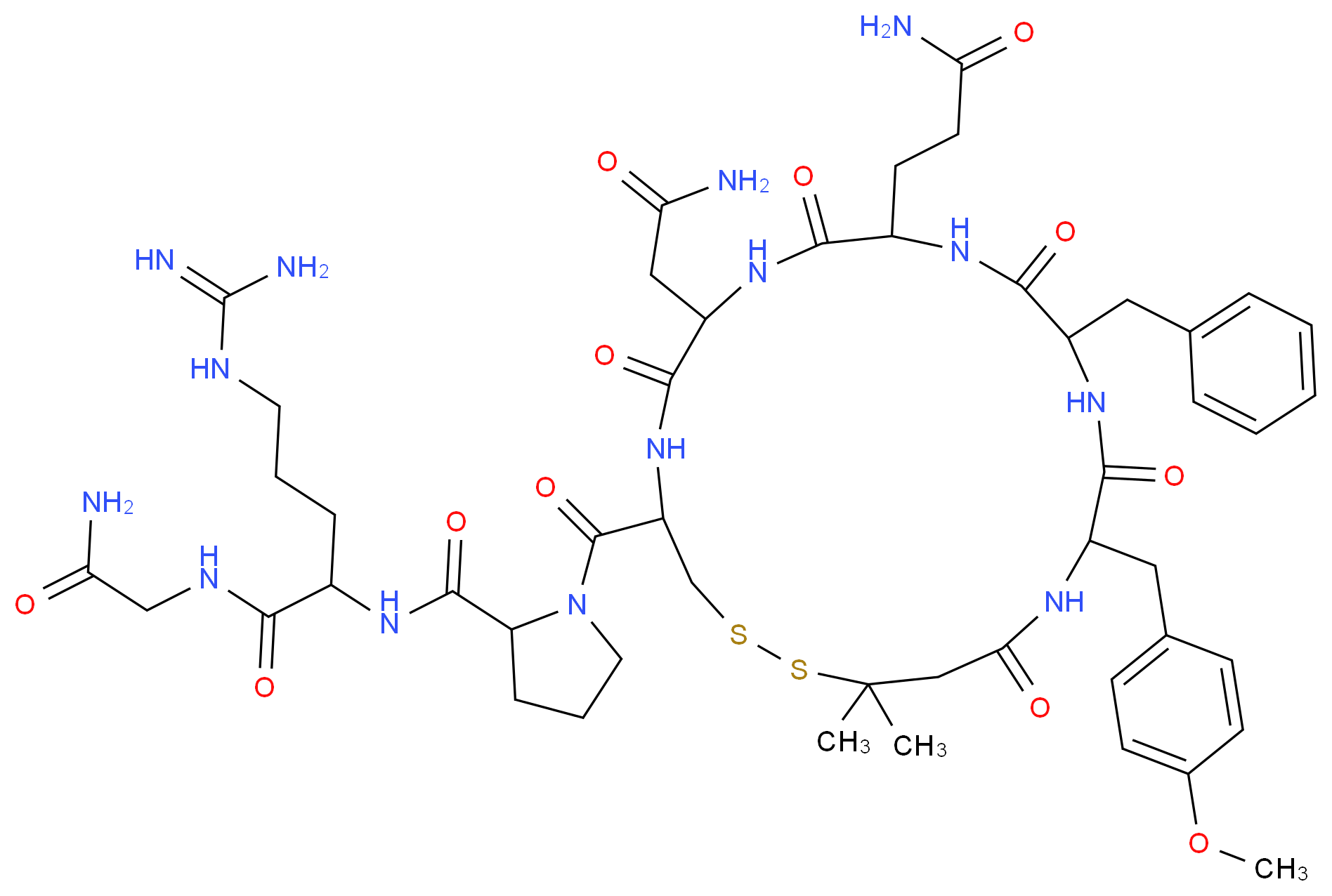 2-({1-[13-benzyl-10-(2-carbamoylethyl)-7-(carbamoylmethyl)-16-[(4-methoxyphenyl)methyl]-20,20-dimethyl-6,9,12,15,18-pentaoxo-1,2-dithia-5,8,11,14,17-pentaazacycloicosane-4-carbonyl]pyrrolidin-2-yl}formamido)-5-carbamimidamido-N-(carbamoylmethyl)pentanamide_分子结构_CAS_67269-08-3