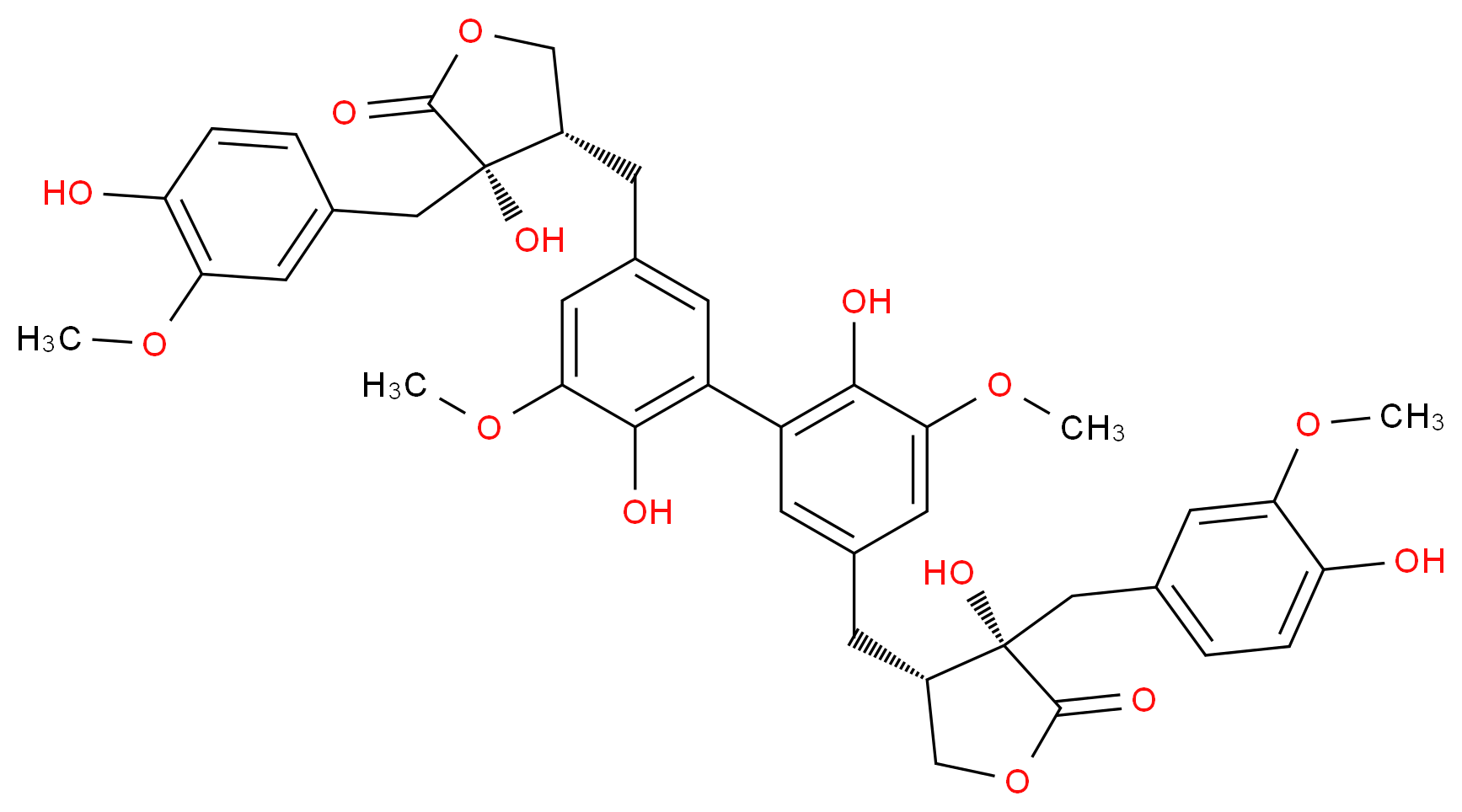 (3S,4S)-3-hydroxy-4-{[4-hydroxy-3-(2-hydroxy-5-{[(3S,4S)-4-hydroxy-4-[(4-hydroxy-3-methoxyphenyl)methyl]-5-oxooxolan-3-yl]methyl}-3-methoxyphenyl)-5-methoxyphenyl]methyl}-3-[(4-hydroxy-3-methoxyphenyl)methyl]oxolan-2-one_分子结构_CAS_870480-56-1
