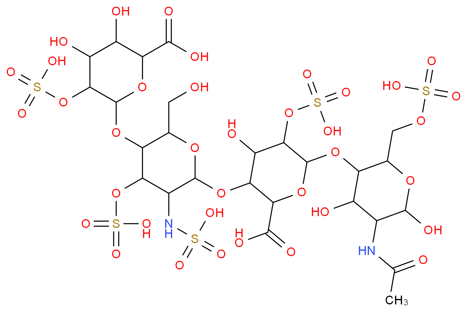 3-[(5-{[6-carboxy-4,5-dihydroxy-3-(sulfooxy)oxan-2-yl]oxy}-6-(hydroxymethyl)-3-(sulfoamino)-4-(sulfooxy)oxan-2-yl)oxy]-6-({5-acetamido-4,6-dihydroxy-2-[(sulfooxy)methyl]oxan-3-yl}oxy)-4-hydroxy-5-(sulfooxy)oxane-2-carboxylic acid_分子结构_CAS_9005-49-6