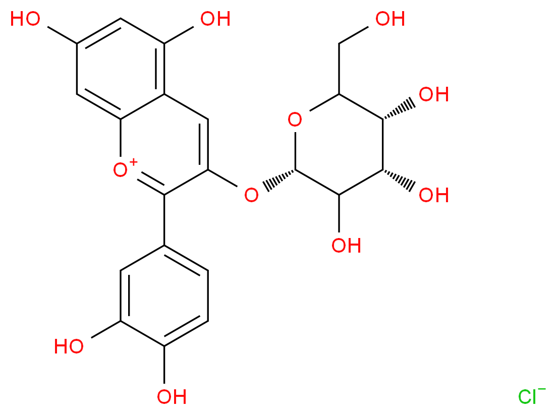 2-(3,4-dihydroxyphenyl)-5,7-dihydroxy-3-{[(2S,4S,5R)-3,4,5-trihydroxy-6-(hydroxymethyl)oxan-2-yl]oxy}-1λ<sup>4</sup>-chromen-1-ylium chloride_分子结构_CAS_27661-36-5