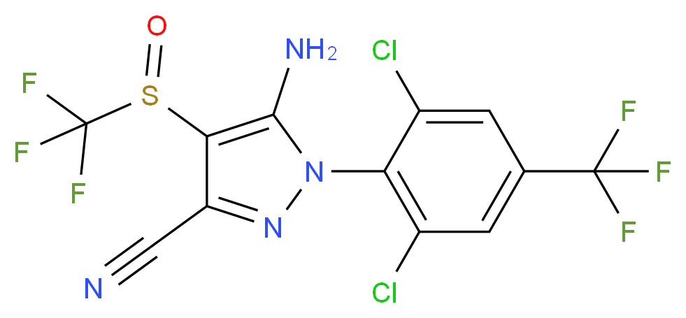 5-amino-1-[2,6-dichloro-4-(trifluoromethyl)phenyl]-4-trifluoromethanesulfinyl-1H-pyrazole-3-carbonitrile_分子结构_CAS_120068-37-3