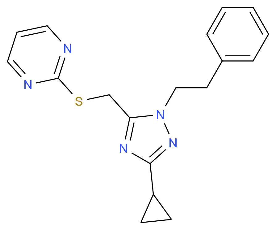 2-({[3-cyclopropyl-1-(2-phenylethyl)-1H-1,2,4-triazol-5-yl]methyl}thio)pyrimidine_分子结构_CAS_)