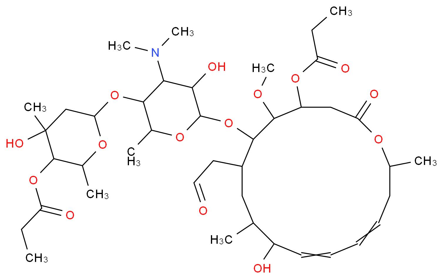 6-{[4-(dimethylamino)-5-hydroxy-6-{[10-hydroxy-5-methoxy-9,16-dimethyl-2-oxo-7-(2-oxoethyl)-4-(propanoyloxy)-1-oxacyclohexadeca-11,13-dien-6-yl]oxy}-2-methyloxan-3-yl]oxy}-4-hydroxy-2,4-dimethyloxan-3-yl propanoate_分子结构_CAS_35457-80-8