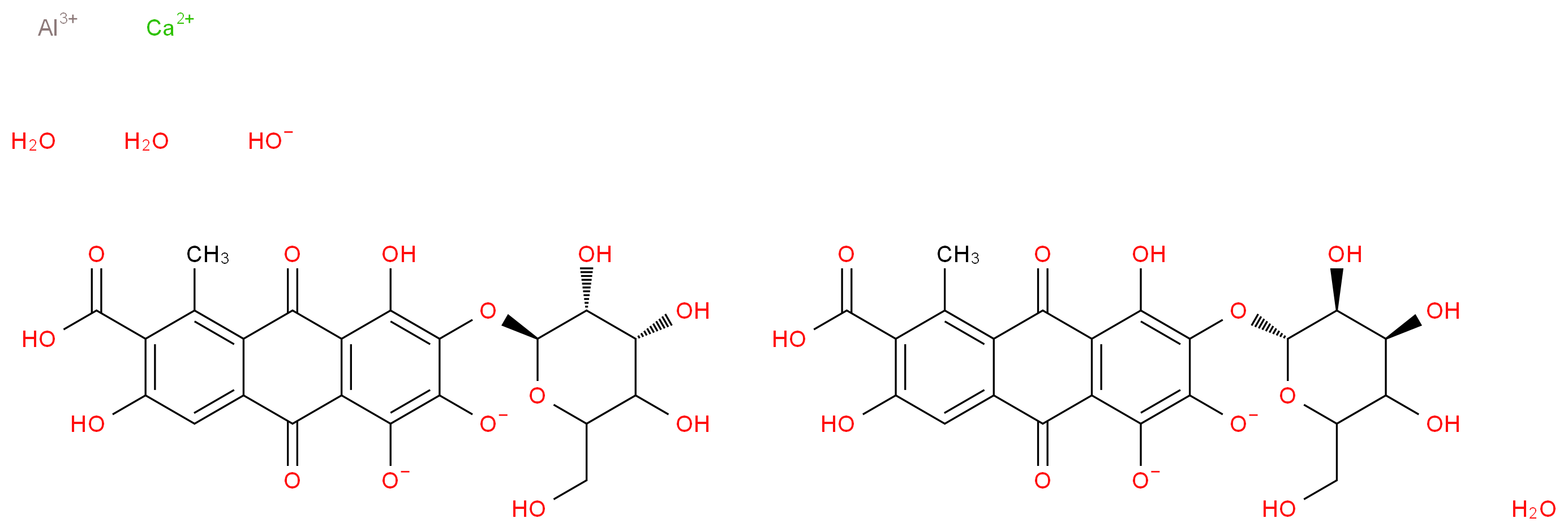 aluminium(3+) ion calcium 6-carboxy-4,7-dihydroxy-5-methyl-9,10-dioxo-3-{[(2R,3S,4S)-3,4,5-trihydroxy-6-(hydroxymethyl)oxan-2-yl]oxy}-9,10-dihydroanthracene-1,2-bis(olate) 6-carboxy-4,7-dihydroxy-5-methyl-9,10-dioxo-3-{[(2S,3R,4R)-3,4,5-trihydroxy-6-(hydroxymethyl)oxan-2-yl]oxy}-9,10-dihydroanthracene-1,2-bis(olate) trihydrate hydroxide_分子结构_CAS_1390-65-4