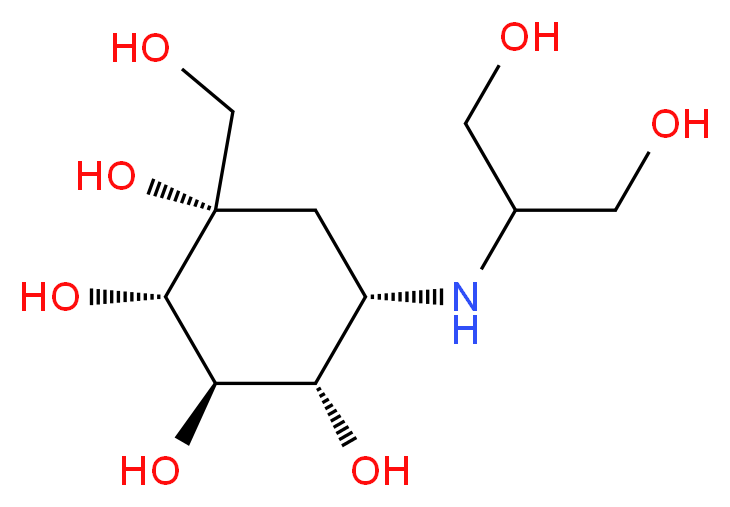 (1S,2S,3R,4S,5S)-5-[(1,3-dihydroxypropan-2-yl)amino]-1-(hydroxymethyl)cyclohexane-1,2,3,4-tetrol_分子结构_CAS_83480-29-9