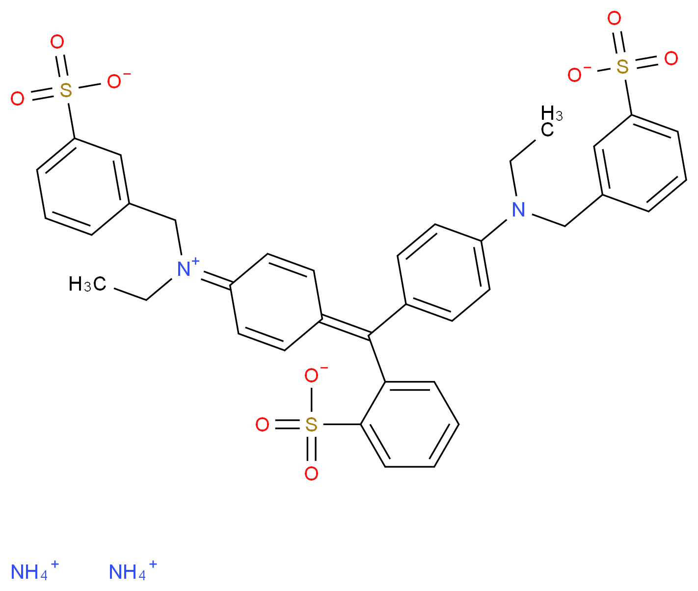 diammonium 3-{[ethyl({4-[(4-{ethyl[(3-sulfonatophenyl)methyl]iminiumyl}cyclohexa-2,5-dien-1-ylidene)(2-sulfonatophenyl)methyl]phenyl})amino]methyl}benzene-1-sulfonate_分子结构_CAS_2650-18-2