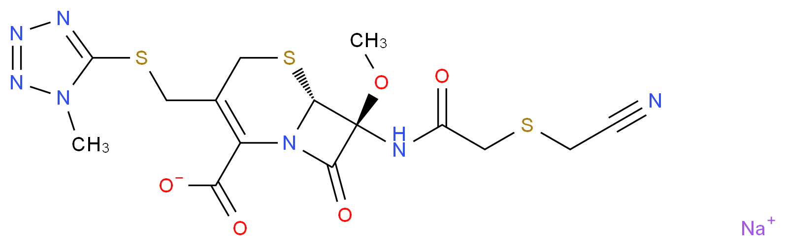 sodium (6R,7S)-7-{2-[(cyanomethyl)sulfanyl]acetamido}-7-methoxy-3-{[(1-methyl-1H-1,2,3,4-tetrazol-5-yl)sulfanyl]methyl}-8-oxo-5-thia-1-azabicyclo[4.2.0]oct-2-ene-2-carboxylate_分子结构_CAS_56796-39-5