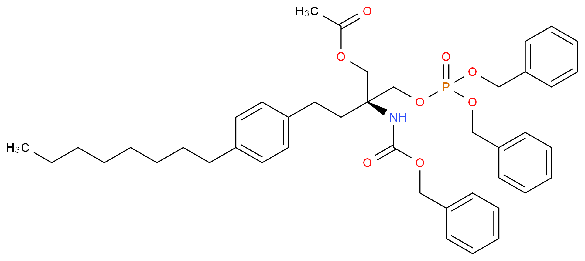 (2S)-2-{[(benzyloxy)carbonyl]amino}-2-({[bis(benzyloxy)phosphoryl]oxy}methyl)-4-(4-octylphenyl)butyl acetate_分子结构_CAS_1217779-54-8