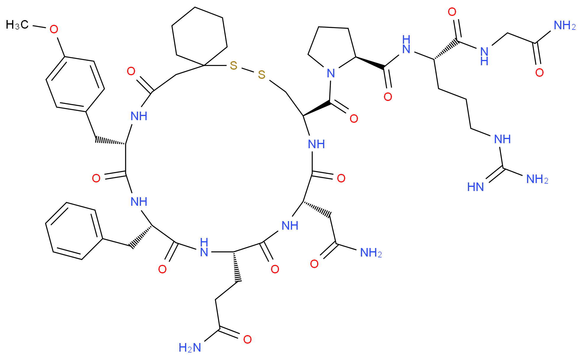 (2S)-2-{[(2S)-1-[(10R,13S,16S,19S,22S)-19-benzyl-16-(2-carbamoylethyl)-13-(carbamoylmethyl)-22-[(4-methoxyphenyl)methyl]-12,15,18,21,24-pentaoxo-7,8-dithia-11,14,17,20,23-pentaazaspiro[5.19]pentacosane-10-carbonyl]pyrrolidin-2-yl]formamido}-5-carbamimidamido-N-(carbamoylmethyl)pentanamide_分子结构_CAS_73168-24-8