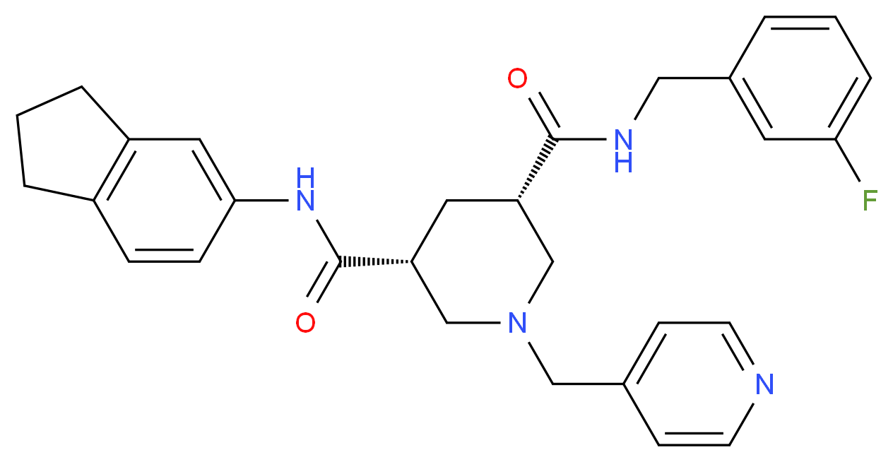 (3R,5S)-N-(2,3-dihydro-1H-inden-5-yl)-N'-(3-fluorobenzyl)-1-(4-pyridinylmethyl)-3,5-piperidinedicarboxamide_分子结构_CAS_)