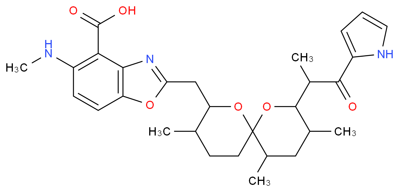 5-(methylamino)-2-({3,9,11-trimethyl-8-[1-oxo-1-(1H-pyrrol-2-yl)propan-2-yl]-1,7-dioxaspiro[5.5]undecan-2-yl}methyl)-1,3-benzoxazole-4-carboxylic acid_分子结构_CAS_52665-69-7