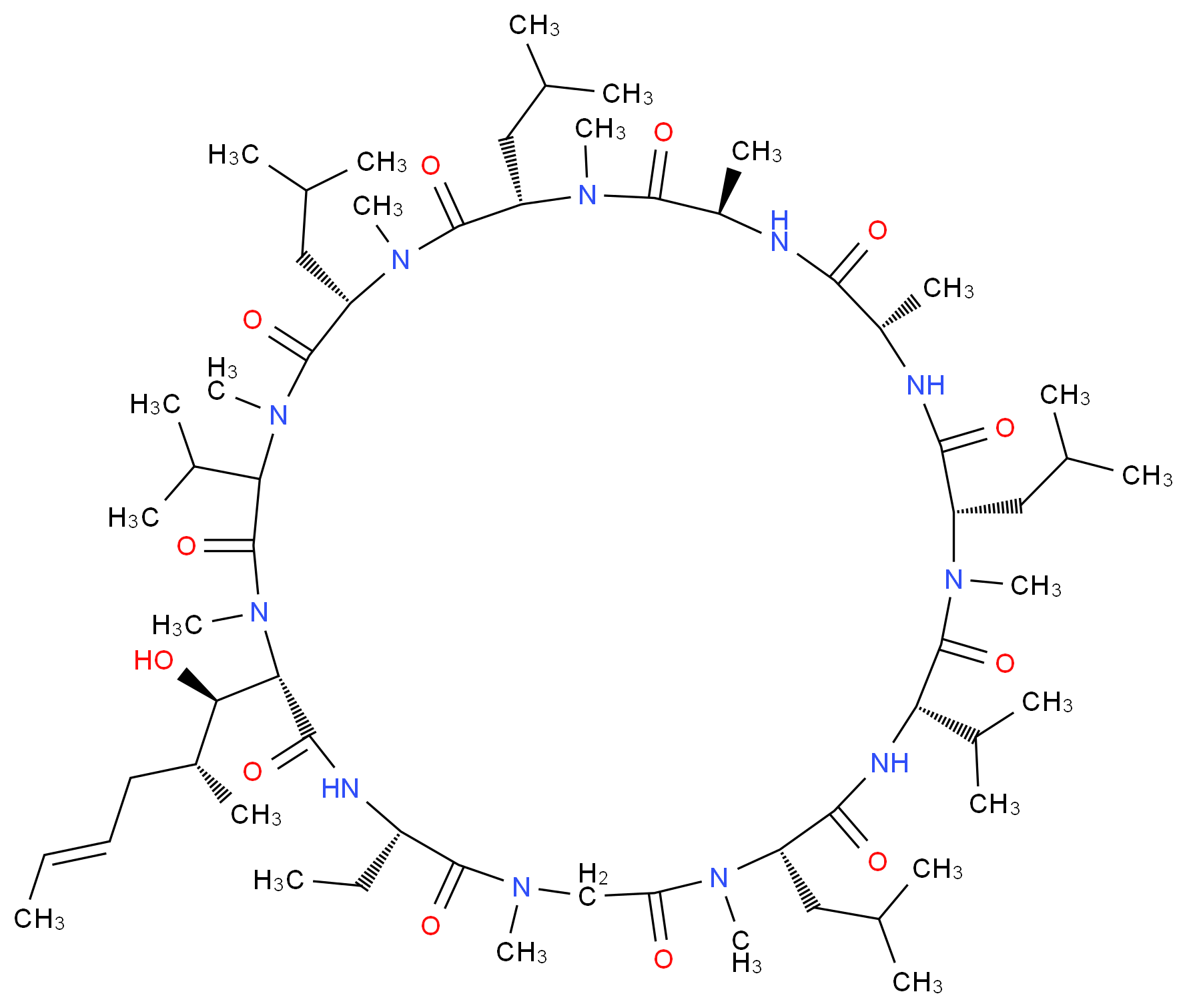 (6S,9S,12R,15S,18S,21S,24S,30S,33S)-30-ethyl-33-[(1R,2R,4E)-1-hydroxy-2-methylhex-4-en-1-yl]-1,4,7,10,12,15,19,25,28-nonamethyl-6,9,18,24-tetrakis(2-methylpropyl)-3,21-bis(propan-2-yl)-1,4,7,10,13,16,19,22,25,28,31-undecaazacyclotritriacontan-2,5,8,11,14,17,20,23,26,29,32-undecone_分子结构_CAS_9865-13-3