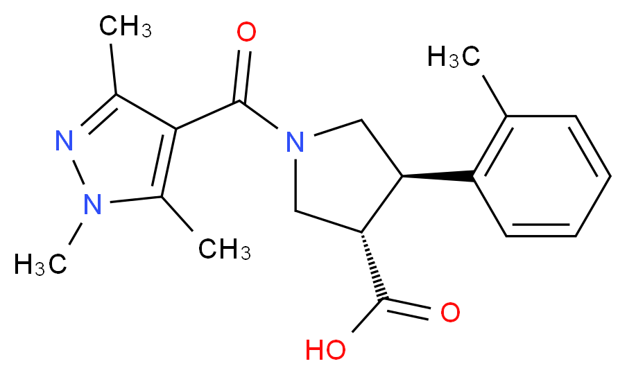 (3S*,4R*)-4-(2-methylphenyl)-1-[(1,3,5-trimethyl-1H-pyrazol-4-yl)carbonyl]pyrrolidine-3-carboxylic acid_分子结构_CAS_)