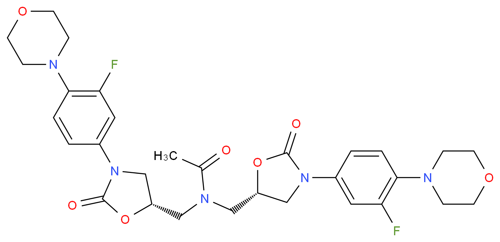 N,N-bis({[(5S)-3-[3-fluoro-4-(morpholin-4-yl)phenyl]-2-oxo-1,3-oxazolidin-5-yl]methyl})acetamide_分子结构_CAS_908143-04-4