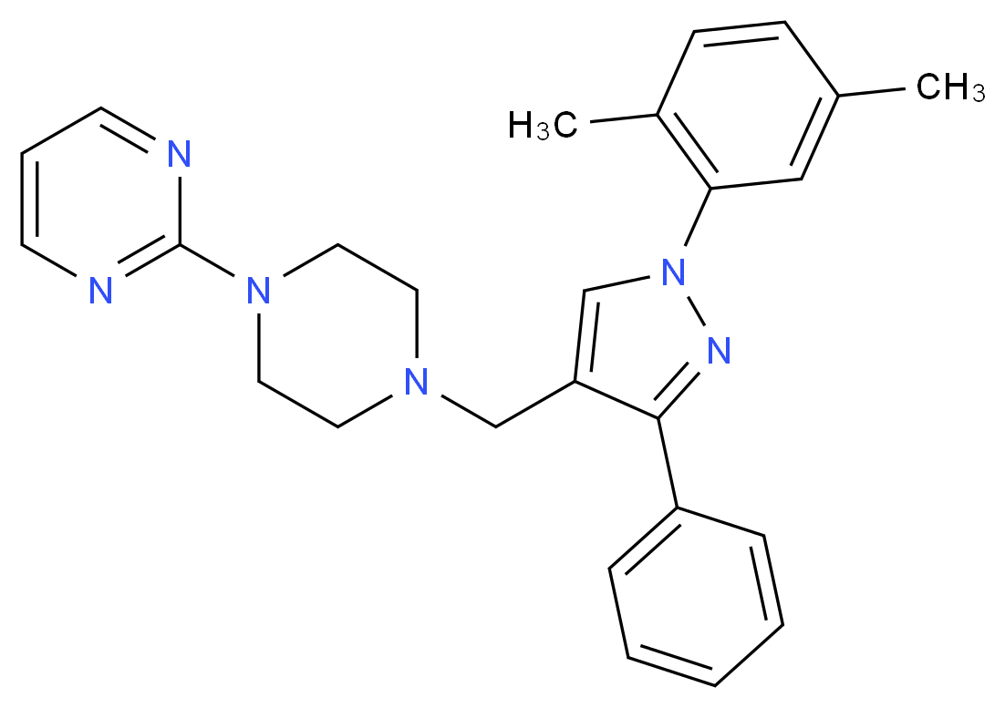 2-(4-{[1-(2,5-dimethylphenyl)-3-phenyl-1H-pyrazol-4-yl]methyl}-1-piperazinyl)pyrimidine_分子结构_CAS_)