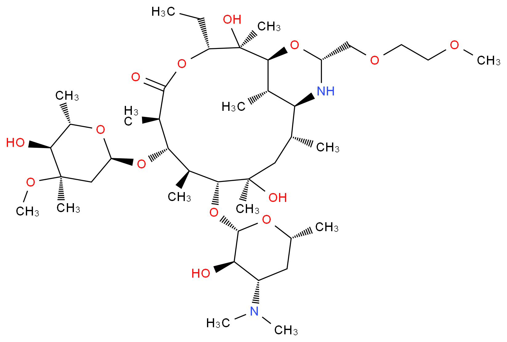 (1S,2R,3R,6R,7S,8S,9R,10R,12R,13S,15R,17S)-9-{[(2S,3R,4S,6R)-4-(dimethylamino)-3-hydroxy-6-methyloxan-2-yl]oxy}-3-ethyl-2,10-dihydroxy-7-{[(2R,4R,5S,6S)-5-hydroxy-4-methoxy-4,6-dimethyloxan-2-yl]oxy}-15-[(2-methoxyethoxy)methyl]-2,6,8,10,12,17-hexamethyl-4,16-dioxa-14-azabicyclo[11.3.1]heptadecan-5-one_分子结构_CAS_62013-04-1