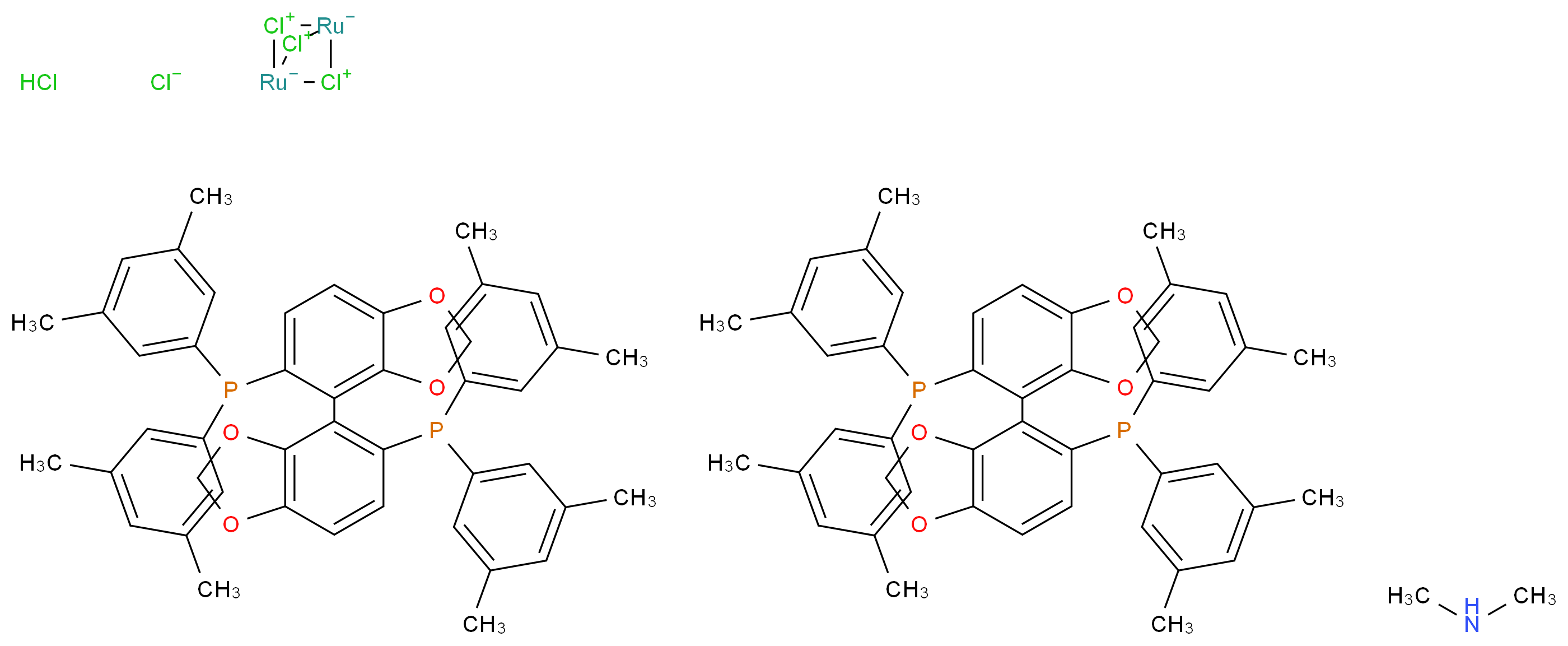 bis((4-{5-[bis(3,5-dimethylphenyl)phosphanyl]-2H-1,3-benzodioxol-4-yl}-2H-1,3-benzodioxol-5-yl)bis(3,5-dimethylphenyl)phosphane) bicyclo[1.1.1]diruthenachlorane-2,4,5-tris(ylium)-1,3-diuide dimethylamine chloride hydrochloride_分子结构_CAS_944451-14-3