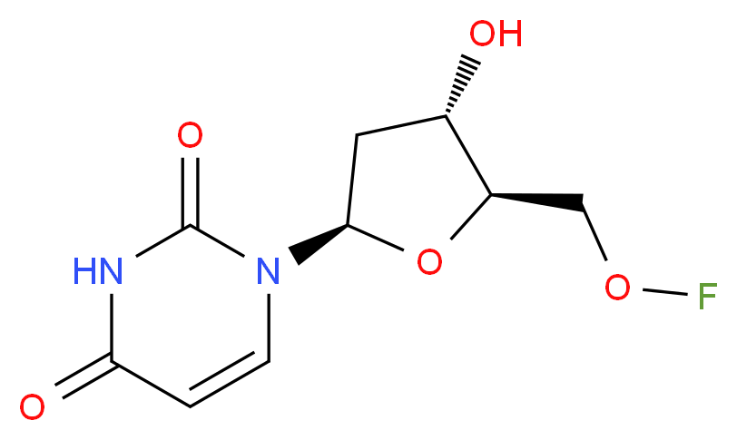 [(2R,3S,5R)-5-(2,4-dioxo-1,2,3,4-tetrahydropyrimidin-1-yl)-3-hydroxyoxolan-2-yl]methyl hypofluorite_分子结构_CAS_50-91-9