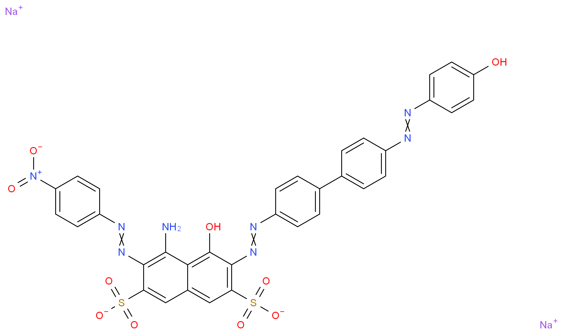 disodium 4-amino-5-hydroxy-6-[2-(4-{4-[2-(4-hydroxyphenyl)diazen-1-yl]phenyl}phenyl)diazen-1-yl]-3-[2-(4-nitrophenyl)diazen-1-yl]naphthalene-2,7-disulfonate_分子结构_CAS_4335-09-5