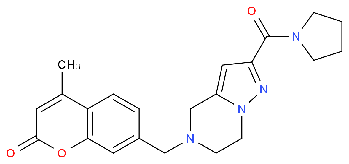 4-methyl-7-{[2-(pyrrolidin-1-ylcarbonyl)-6,7-dihydropyrazolo[1,5-a]pyrazin-5(4H)-yl]methyl}-2H-chromen-2-one_分子结构_CAS_)