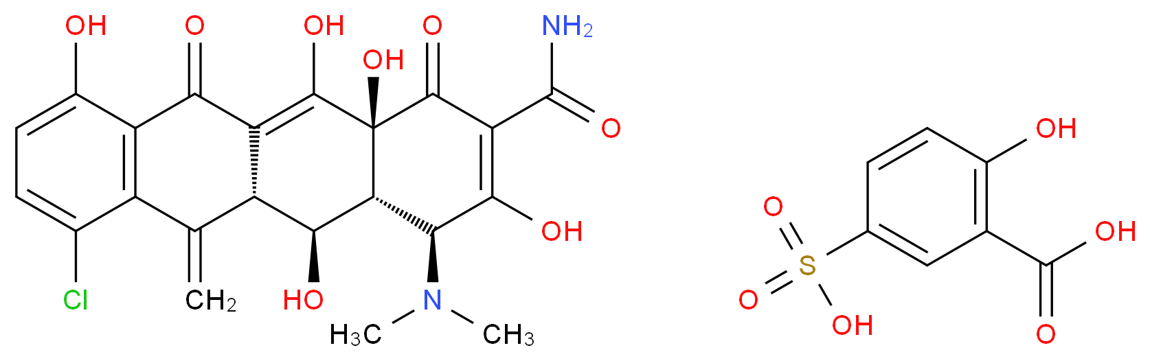 (4S,4aR,5S,5aR,12aS)-7-chloro-4-(dimethylamino)-3,5,10,12,12a-pentahydroxy-6-methylidene-1,11-dioxo-1,4,4a,5,5a,6,11,12a-octahydrotetracene-2-carboxamide; 2-hydroxy-5-sulfobenzoic acid_分子结构_CAS_73816-42-9