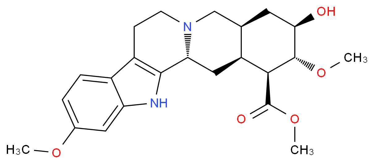 methyl (1R,15S,17R,18R,19S,20S)-17-hydroxy-6,18-dimethoxy-3,13-diazapentacyclo[11.8.0.0<sup>2</sup>,<sup>1</sup><sup>0</sup>.0<sup>4</sup>,<sup>9</sup>.0<sup>1</sup><sup>5</sup>,<sup>2</sup><sup>0</sup>]henicosa-2(10),4,6,8-tetraene-19-carboxylate_分子结构_CAS_2901-66-8
