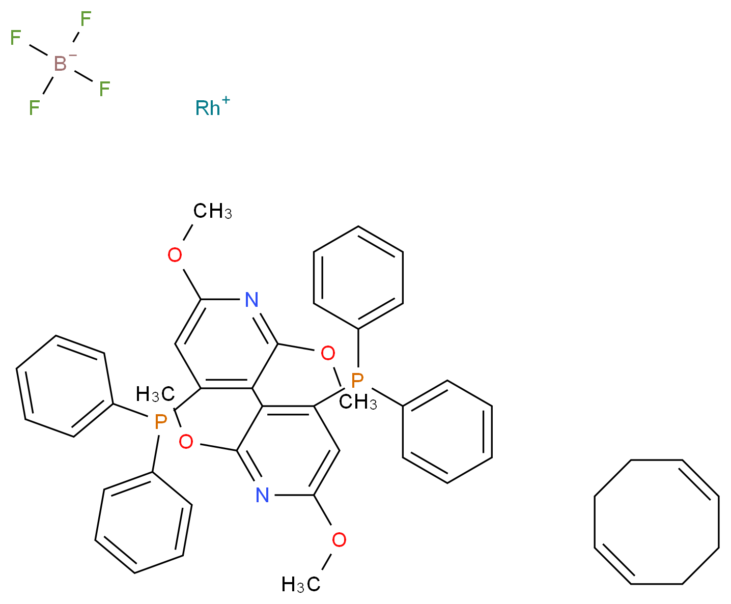 λ<sup>1</sup>-rhodium(1+) ion (1Z,5Z)-cycloocta-1,5-diene 4-(diphenylphosphanyl)-3-[4-(diphenylphosphanyl)-2,6-dimethoxypyridin-3-yl]-2,6-dimethoxypyridine tetrafluoroboranuide_分子结构_CAS_573718-56-6