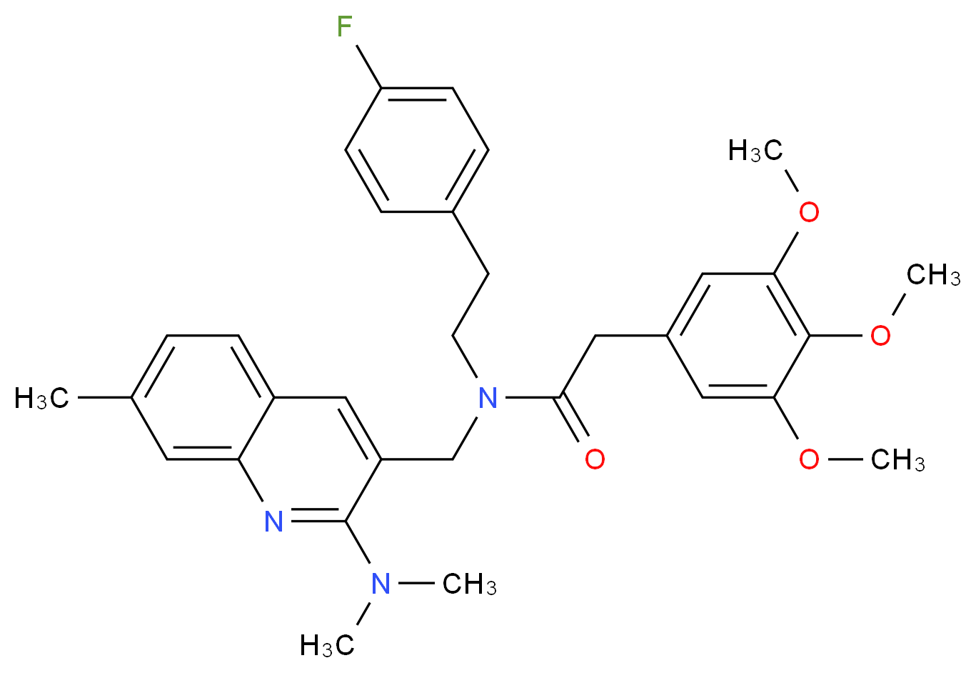 N-{[2-(dimethylamino)-7-methyl-3-quinolinyl]methyl}-N-[2-(4-fluorophenyl)ethyl]-2-(3,4,5-trimethoxyphenyl)acetamide_分子结构_CAS_)