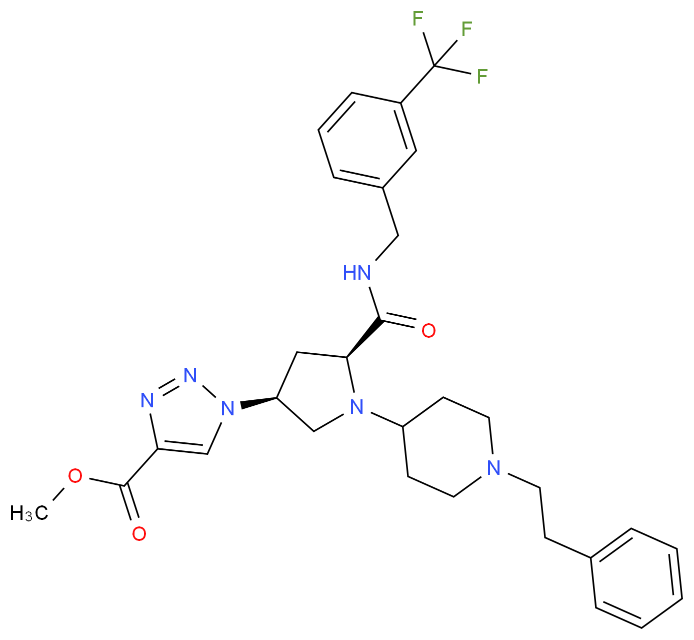 methyl 1-[(3S,5S)-1-[1-(2-phenylethyl)-4-piperidinyl]-5-({[3-(trifluoromethyl)benzyl]amino}carbonyl)-3-pyrrolidinyl]-1H-1,2,3-triazole-4-carboxylate_分子结构_CAS_)