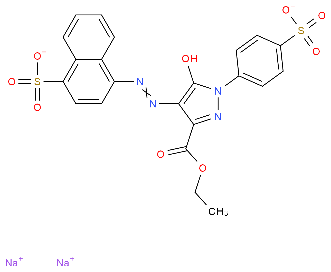 disodium 4-{2-[3-(ethoxycarbonyl)-5-hydroxy-1-(4-sulfonatophenyl)-1H-pyrazol-4-yl]diazen-1-yl}naphthalene-1-sulfonate_分子结构_CAS_15139-76-1