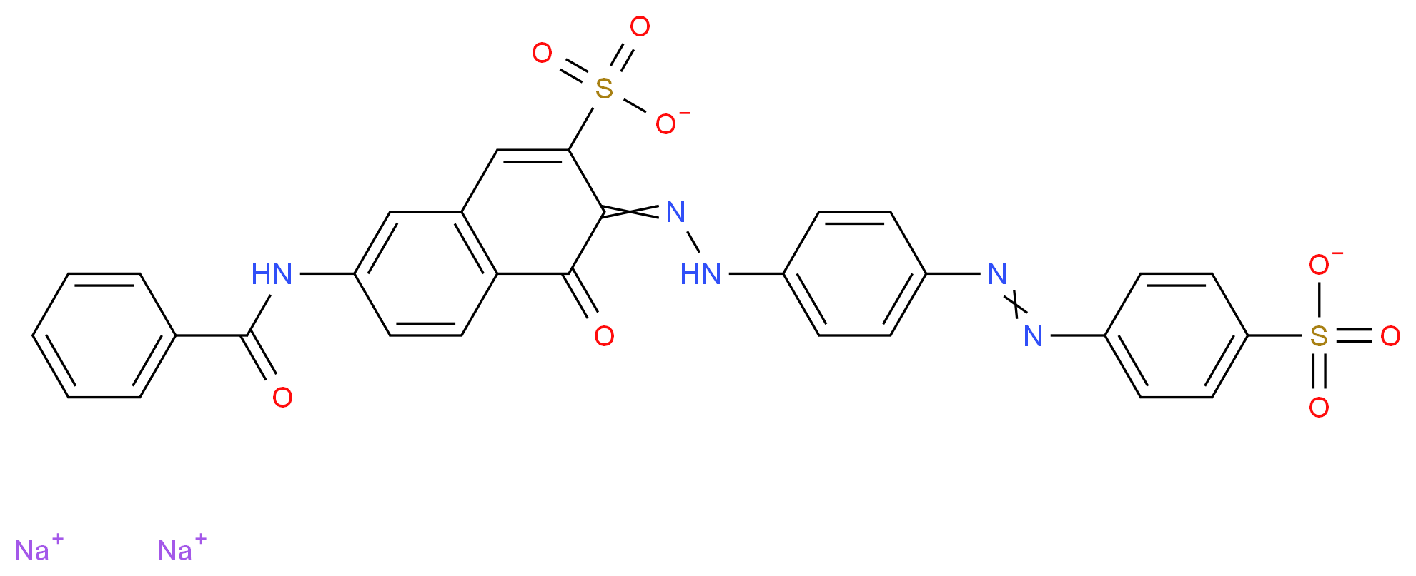 disodium 7-benzamido-4-oxo-3-(2-{4-[2-(4-sulfonatophenyl)diazen-1-yl]phenyl}hydrazin-1-ylidene)-3,4-dihydronaphthalene-2-sulfonate_分子结构_CAS_2610-11-9