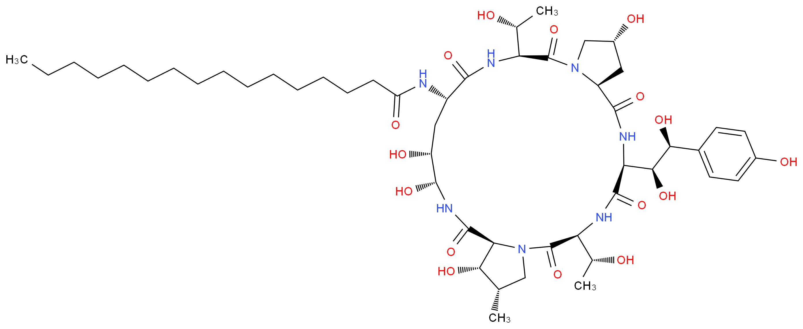 N-[(3S,6S,9S,11R,15S,18S,20R,21R,24S,25S,26S)-6-[(1S,2S)-1,2-dihydroxy-2-(4-hydroxyphenyl)ethyl]-11,20,21,25-tetrahydroxy-3,15-bis[(1R)-1-hydroxyethyl]-26-methyl-2,5,8,14,17,23-hexaoxo-1,4,7,13,16,22-hexaazatricyclo[22.3.0.0<sup>9</sup>,<sup>1</sup><sup>3</sup>]heptacosan-18-yl]hexadecanamide_分子结构_CAS_58814-86-1