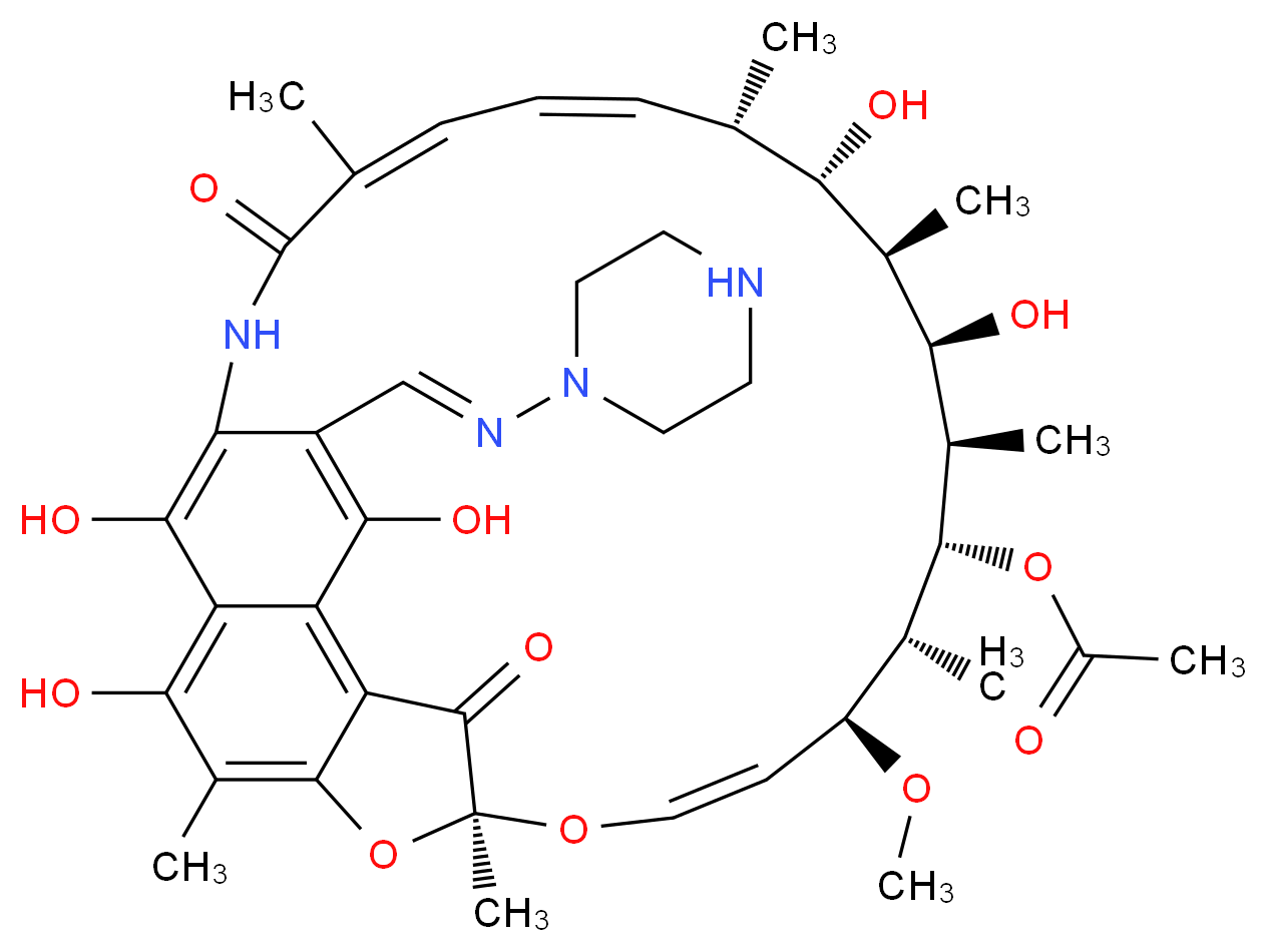 (7S,9E,11S,12R,13S,14R,15R,16R,17S,18S,19E)-2,15,17,27,29-pentahydroxy-11-methoxy-3,7,12,14,16,18,22-heptamethyl-6,23-dioxo-26-[(E)-N-(piperazin-1-yl)carboximidoyl]-8,30-dioxa-24-azatetracyclo[23.3.1.1<sup>4</sup>,<sup>7</sup>.0<sup>5</sup>,<sup>2</sup><sup>8</sup>]triaconta-1(29),2,4,9,19,21,25,27-octaen-13-yl acetate_分子结构_CAS_13292-45-0