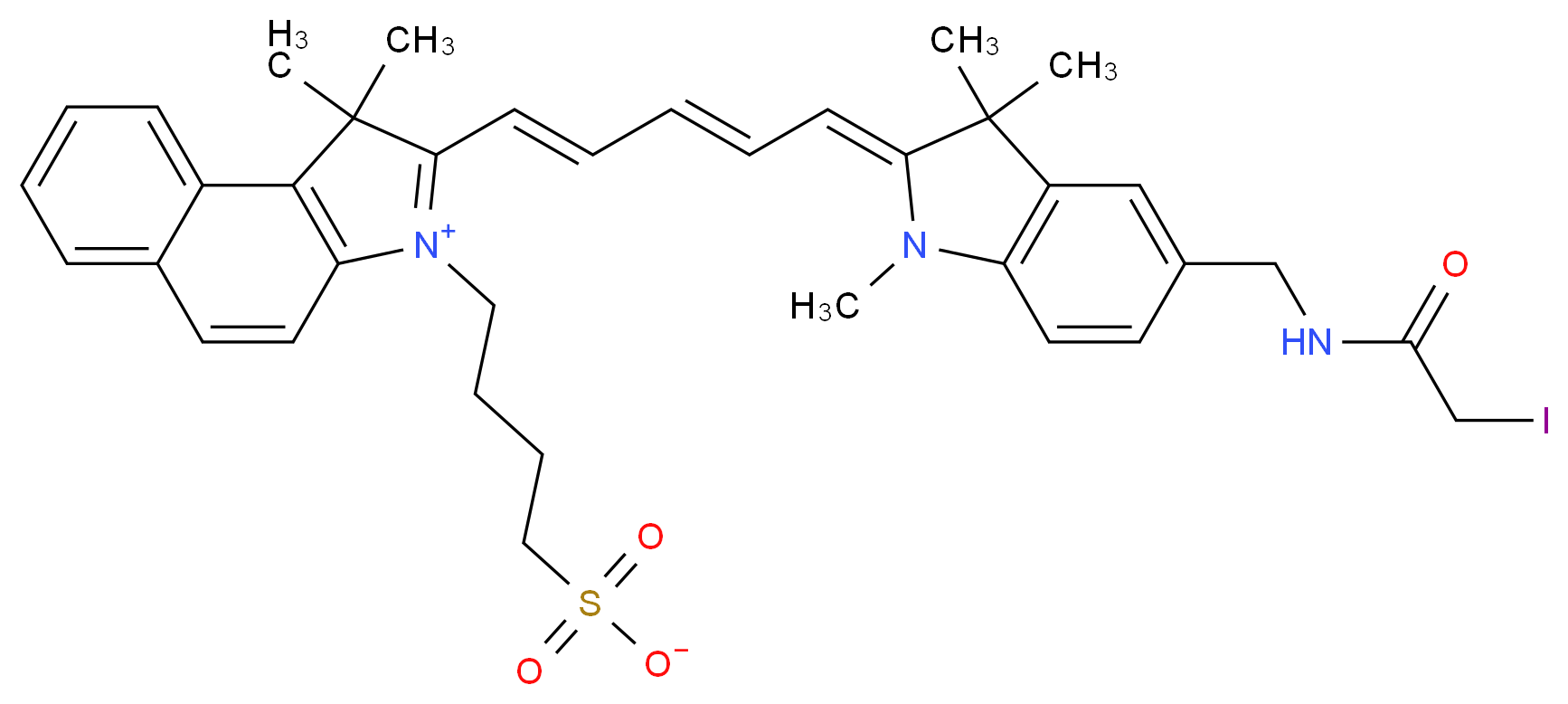 2-[(1E,3E)-5-[(2Z)-5-[(2-iodoacetamido)methyl]-1,3,3-trimethyl-2,3-dihydro-1H-indol-2-ylidene]penta-1,3-dien-1-yl]-1,1-dimethyl-3-(4-sulfonatobutyl)-1H-benzo[e]indol-3-ium_分子结构_CAS_149021-66-9