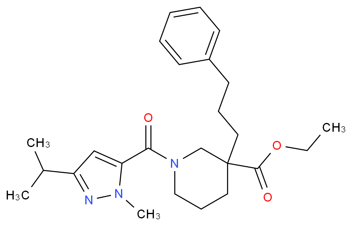 ethyl 1-[(3-isopropyl-1-methyl-1H-pyrazol-5-yl)carbonyl]-3-(3-phenylpropyl)-3-piperidinecarboxylate_分子结构_CAS_)