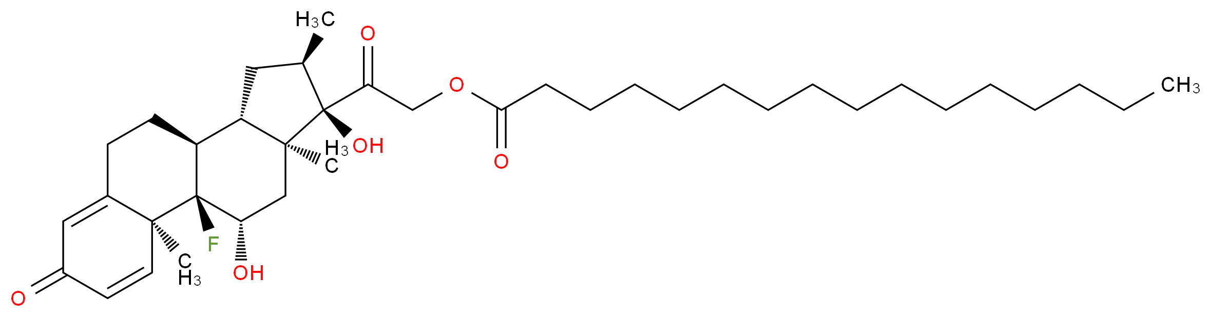 2-[(1R,2S,10S,11S,13R,14R,15S,17S)-1-fluoro-14,17-dihydroxy-2,13,15-trimethyl-5-oxotetracyclo[8.7.0.0<sup>2</sup>,<sup>7</sup>.0<sup>1</sup><sup>1</sup>,<sup>1</sup><sup>5</sup>]heptadeca-3,6-dien-14-yl]-2-oxoethyl hexadecanoate_分子结构_CAS_14899-36-6