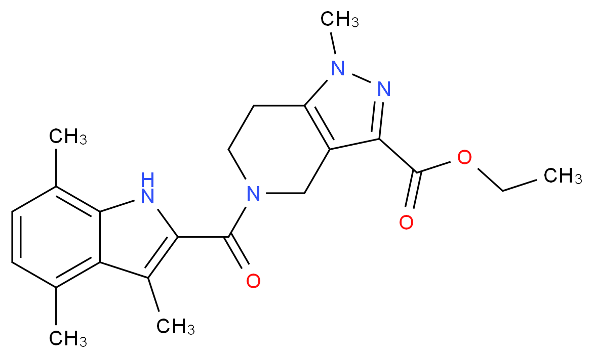 ethyl 1-methyl-5-[(3,4,7-trimethyl-1H-indol-2-yl)carbonyl]-4,5,6,7-tetrahydro-1H-pyrazolo[4,3-c]pyridine-3-carboxylate_分子结构_CAS_)