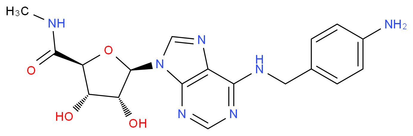 (2S,3S,4R,5R)-5-(6-{[(4-aminophenyl)methyl]amino}-9H-purin-9-yl)-3,4-dihydroxy-N-methyloxolane-2-carboxamide_分子结构_CAS_152918-26-8