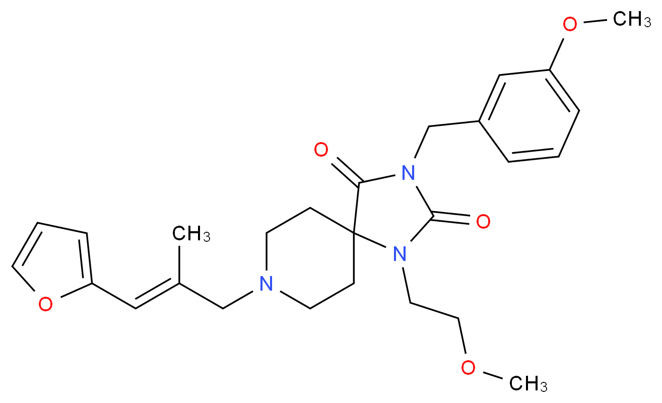 8-[(2E)-3-(2-furyl)-2-methyl-2-propen-1-yl]-3-(3-methoxybenzyl)-1-(2-methoxyethyl)-1,3,8-triazaspiro[4.5]decane-2,4-dione_分子结构_CAS_)