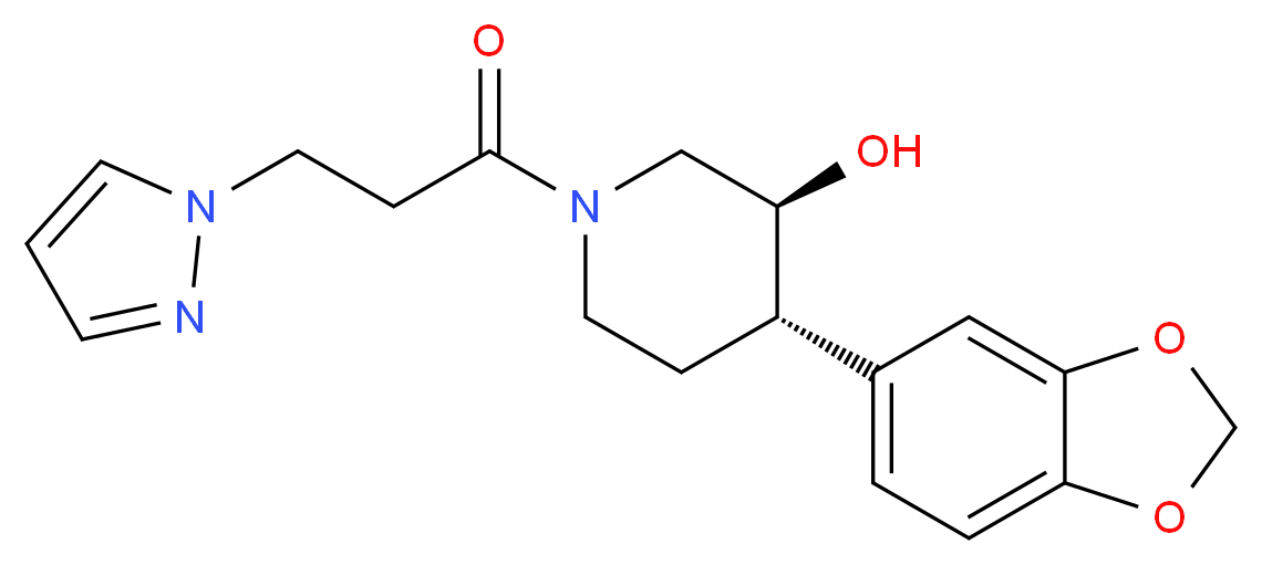(3S*,4S*)-4-(1,3-benzodioxol-5-yl)-1-[3-(1H-pyrazol-1-yl)propanoyl]piperidin-3-ol_分子结构_CAS_)