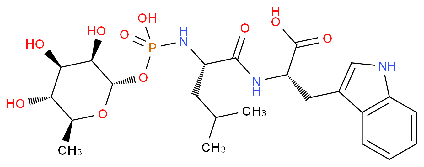 (2S)-2-[(2S)-2-{[hydroxy({[(2S,3R,4R,5R,6S)-3,4,5-trihydroxy-6-methyloxan-2-yl]oxy})phosphoryl]amino}-4-methylpentanamido]-3-(1H-indol-3-yl)propanoic acid_分子结构_CAS_36357-77-4