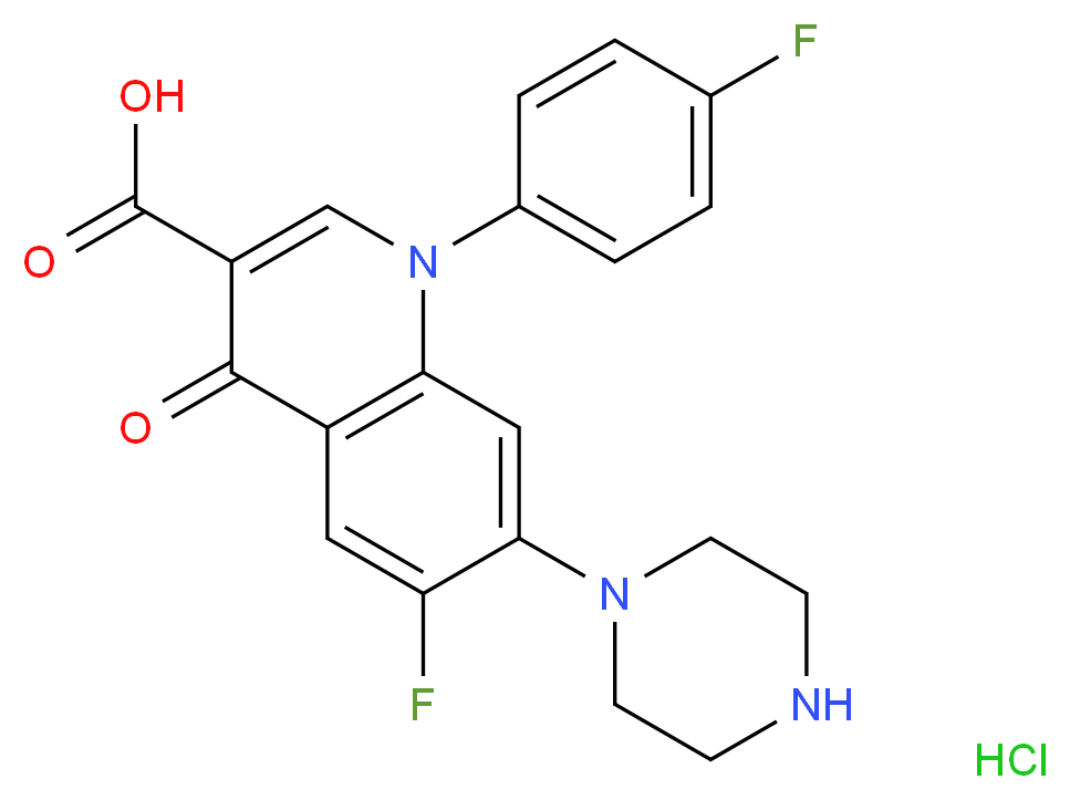 6-fluoro-1-(4-fluorophenyl)-4-oxo-7-(piperazin-1-yl)-1,4-dihydroquinoline-3-carboxylic acid hydrochloride_分子结构_CAS_91296-87-6