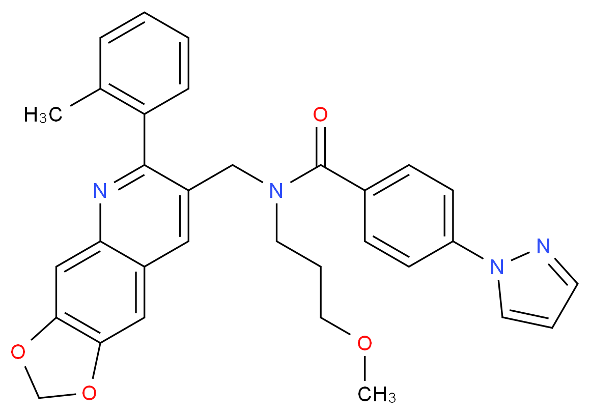 N-(3-methoxypropyl)-N-{[6-(2-methylphenyl)[1,3]dioxolo[4,5-g]quinolin-7-yl]methyl}-4-(1H-pyrazol-1-yl)benzamide_分子结构_CAS_)