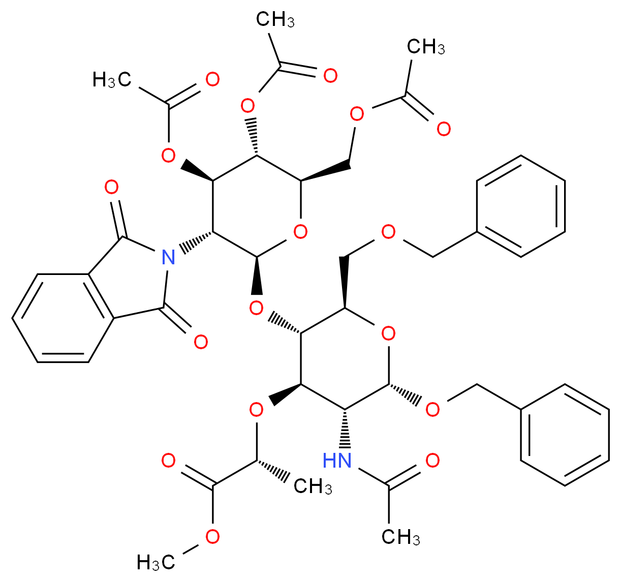 methyl (2R)-2-{[(2S,3R,4R,5S,6R)-2-(benzyloxy)-6-[(benzyloxy)methyl]-5-{[(2S,3R,4R,5S,6R)-4,5-bis(acetyloxy)-6-[(acetyloxy)methyl]-3-(1,3-dioxo-2,3-dihydro-1H-isoindol-2-yl)oxan-2-yl]oxy}-3-acetamidooxan-4-yl]oxy}propanoate_分子结构_CAS_112289-92-6