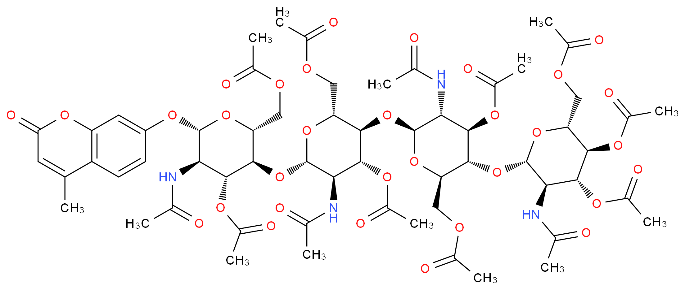 [(2R,3S,4R,5R,6S)-4-(acetyloxy)-3-{[(2S,3R,4R,5S,6R)-4-(acetyloxy)-5-{[(2S,3R,4R,5S,6R)-4-(acetyloxy)-6-[(acetyloxy)methyl]-5-{[(2S,3R,4R,5S,6R)-4,5-bis(acetyloxy)-6-[(acetyloxy)methyl]-3-acetamidooxan-2-yl]oxy}-3-acetamidooxan-2-yl]oxy}-6-[(acetyloxy)methyl]-3-acetamidooxan-2-yl]oxy}-5-acetamido-6-[(4-methyl-2-oxo-2H-chromen-7-yl)oxy]oxan-2-yl]methyl acetate_分子结构_CAS_92574-74-8