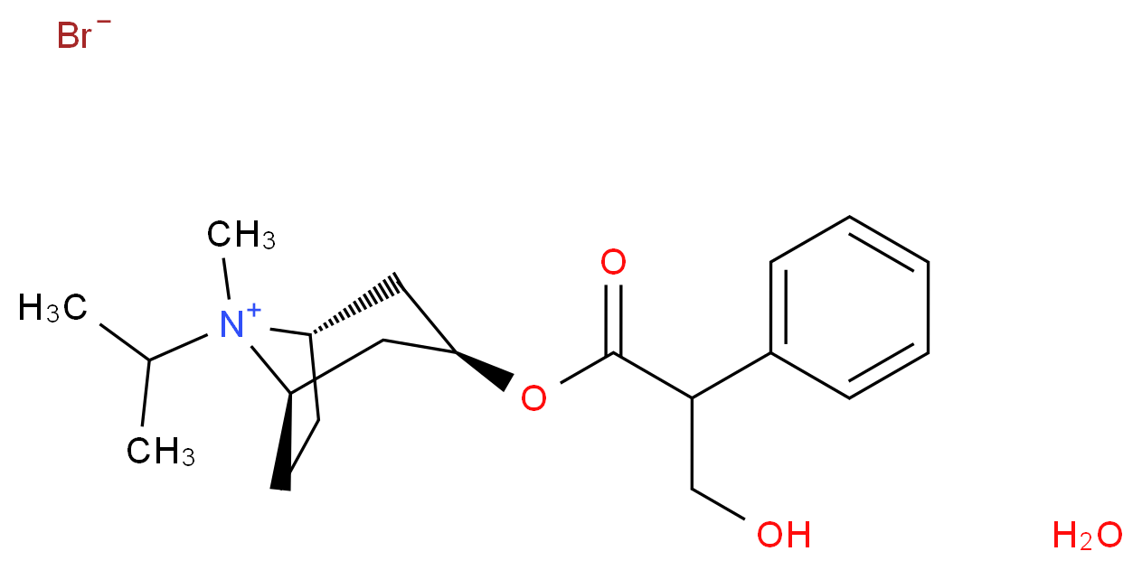 (1R,3S,5S)-3-[(3-hydroxy-2-phenylpropanoyl)oxy]-8-methyl-8-(propan-2-yl)-8-azabicyclo[3.2.1]octan-8-ium hydrate bromide_分子结构_CAS_66985-17-9